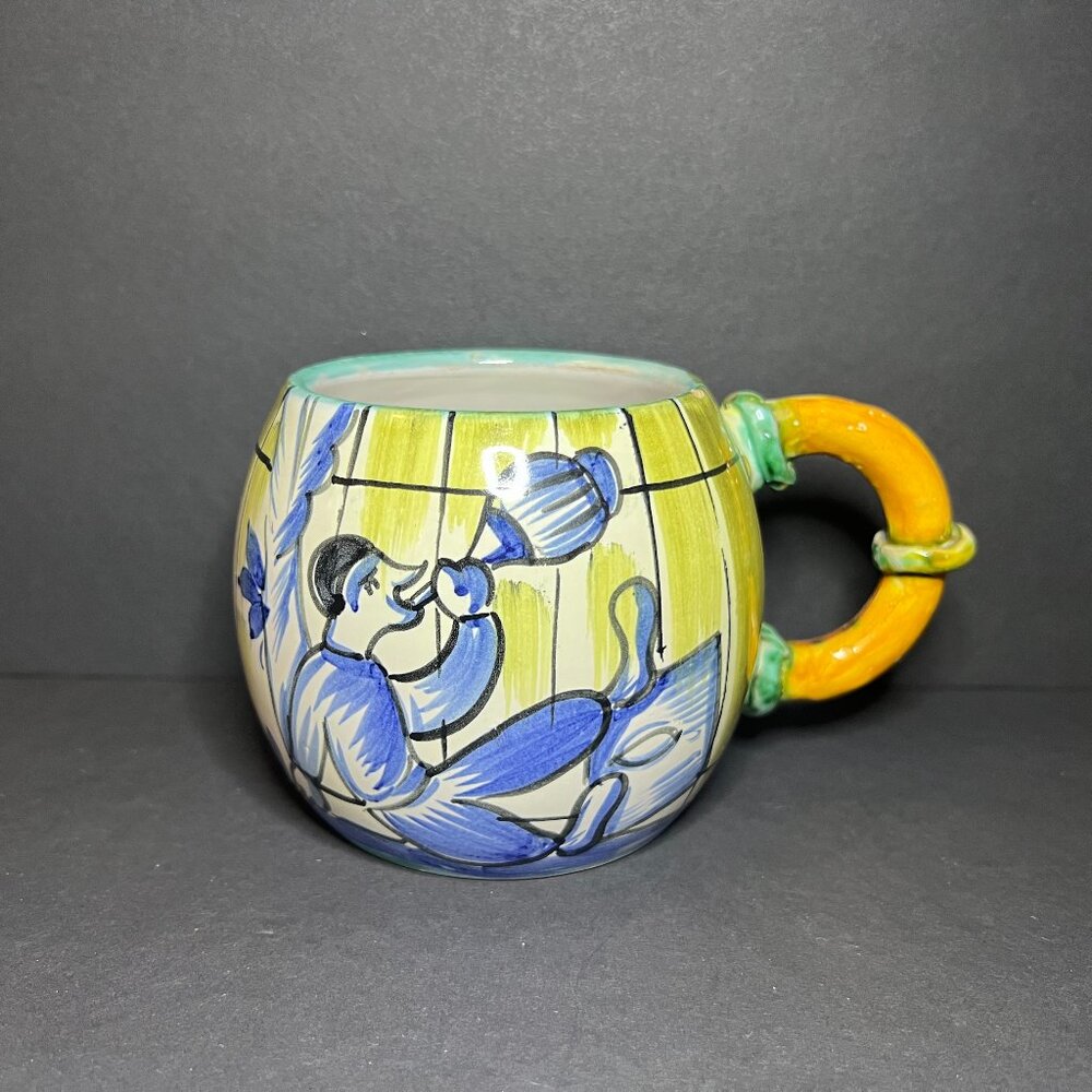 Vintage Italian Hand Painted Pottery Art Wine Drinking Man Barrel Style Mug 12oz
